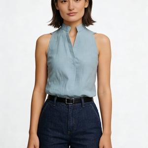 Women's Sleeveless Mandarin Collar Blouse - V-Neck Button Front Casual <b>Top</b> Shirt Fashion - Product Image 4