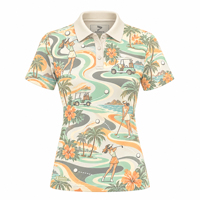 Kemeja Golf Retro Wanita Warna Krem dengan Cetakan Pemandangan Golf Tropis Lengan Pendek Slim Fit Cepat Kering untuk Golf dan Liburan di Resort