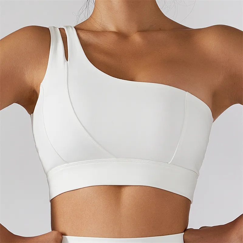 Fashion Sports Bra For Women Padded Inside One Shoulder Yoga Gym Wear White Sports Bra