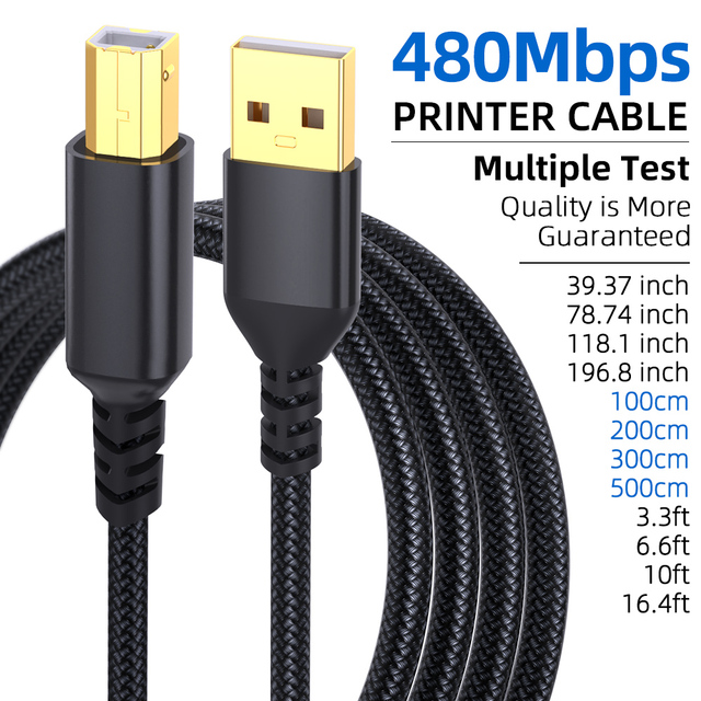 Premium High Speed USB-A to USB B Printer Cable 480Mbps Nylon Braided USB to USB B 2.0 Cord for HP Canon Epson