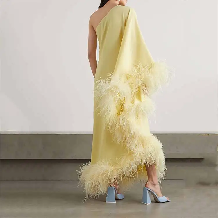 2023 Casual Prom Trimmed Crepe Asymmetric Single Shoulder Maxi Long Gown Rayon Evening Party 100% Ostrich Feather Dress