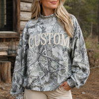 Sweat-shirt oversize camouflage de haute qualité pour femme avec broderie appliquée personnalisée, col montant, motif camouflage arbre réaliste