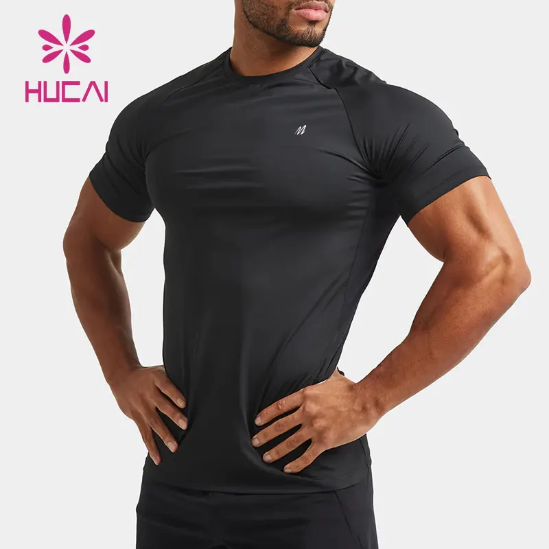 HUCAI Individueller Polyester Spandex leichter O-Ausschnitt kurze Ärmel schnelle Muskel-Trocknung Training Top Fitnessstudio T-Shirt für Herren