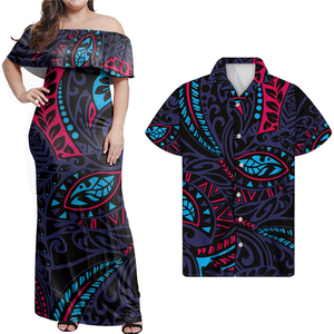 Robe de <span class=keywords><strong>soirée</strong></span> pour femmes, vêtement de Couple polynésien, imprimé Tribal rouge et blanc avec Hibiscus, nouveaux Styles de robe pour femmes, épaules dénudées - Product Image 1