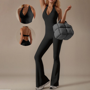 Mono de yoga para mujer, color liso, cuello en V, halter, pantalón acampanado, elástico, poliéster y algodón, largo completo, sin mangas, otoño-invierno - Product Image 3