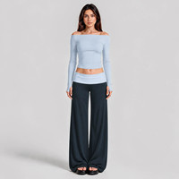 Haut à épaules dénudées à manches longues et pantalon évasé à taille pliée, ensemble 2 pièces assorti pour femme, couleur contrastante, NOUVEAU