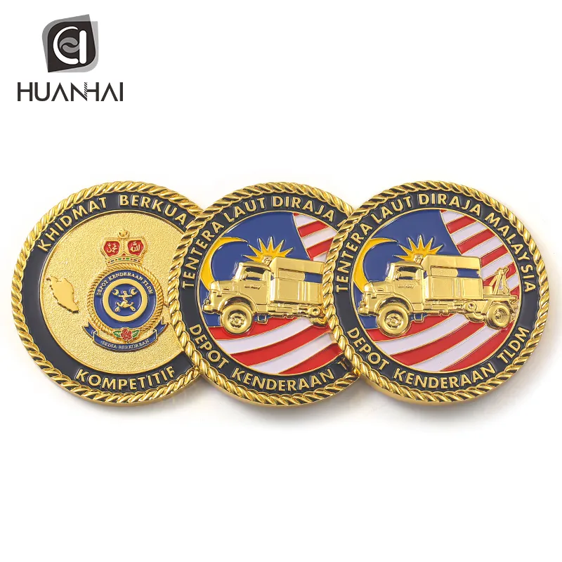 Benutzer definierte vergoldete National flagge Hintergrund 3d Truck Logo Emaille Malaysia Münzen