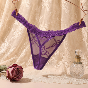 Culotte string sexy en dentelle florale transparente avec broderie violette, taille basse, lingerie féminine respirante, grande taille, culotte T-back - Product Image 2