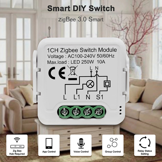 Tuya ZigBee 3.0 Switch Module 10A Smart Home DIY Breaker 1 2 3 4 Gang Supports 2 Way Control Works with Alexa Google Home