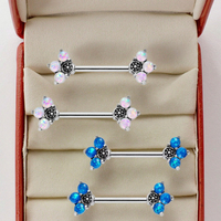 Pétale Fleur Mamelon Anneau Avec Faux Bleu Opale En Acier Inoxydable Mamelon Piercing Mode Corps Bijoux pour Femmes