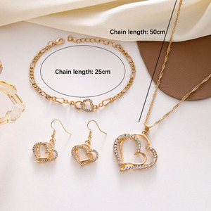Fashionable Popular Gold Plated Love Heart Diamond Pendant Jewelry Set Double Peach Heart Necklace <strong>Bracelet</strong> Earrings <strong>Combo</strong> - Product Image 4