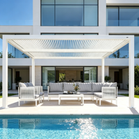 Pergola scandinave minimaliste blanche en aluminium à toit réglable électriquement, résistante à la corrosion, imperméable, avec revêtement en poudre, pour terrasse extérieure