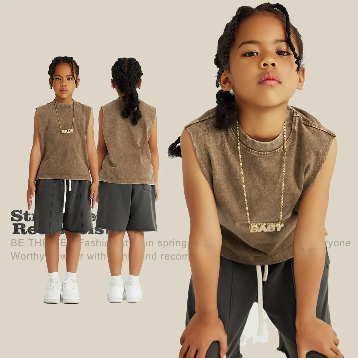 卸売ツーピースキッズテイルズ服セット300gsmコットンウォッシュショート袖なしカスタム男の子服2個セット夏2023