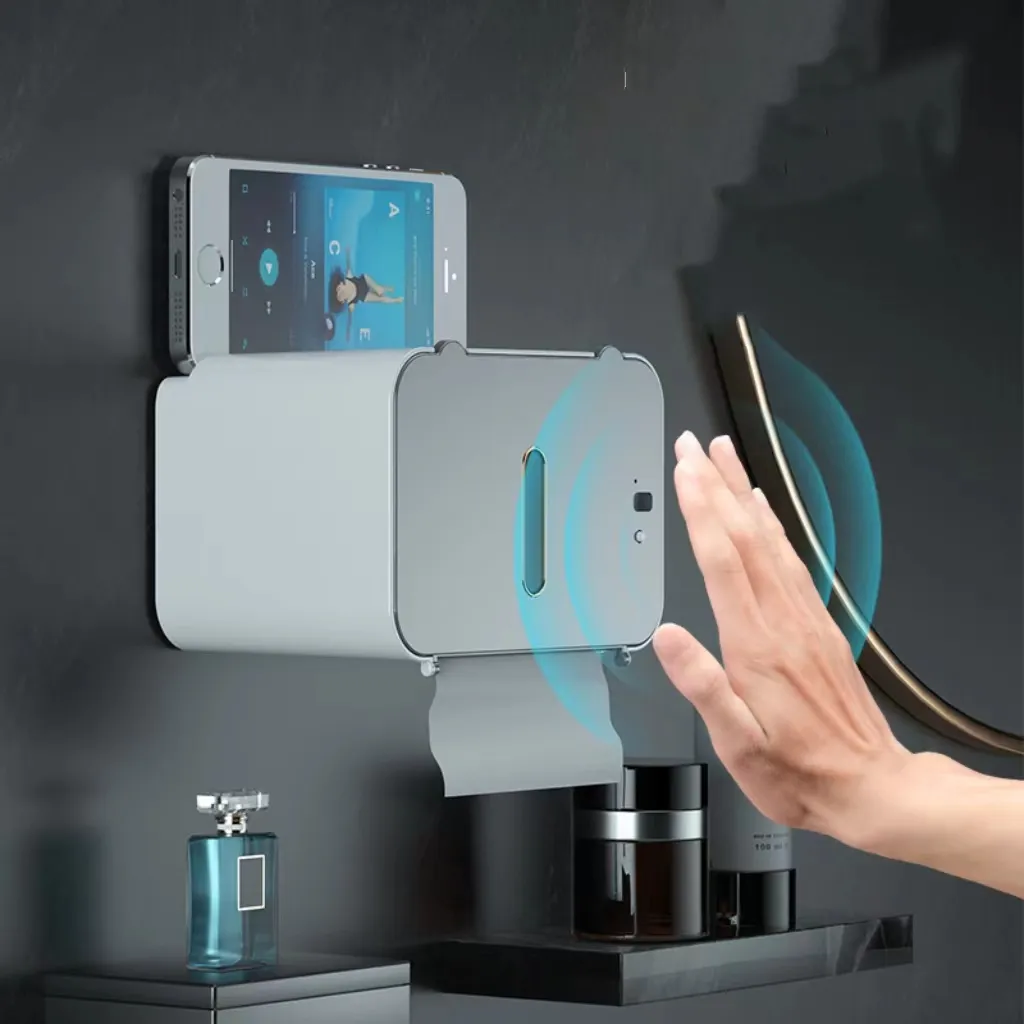 מחזיק רקמות אינדוקציה חכם צמוד על הקיר עם קופסת רקמות ביתית לשירותים עם פלט נייר אוטומטי