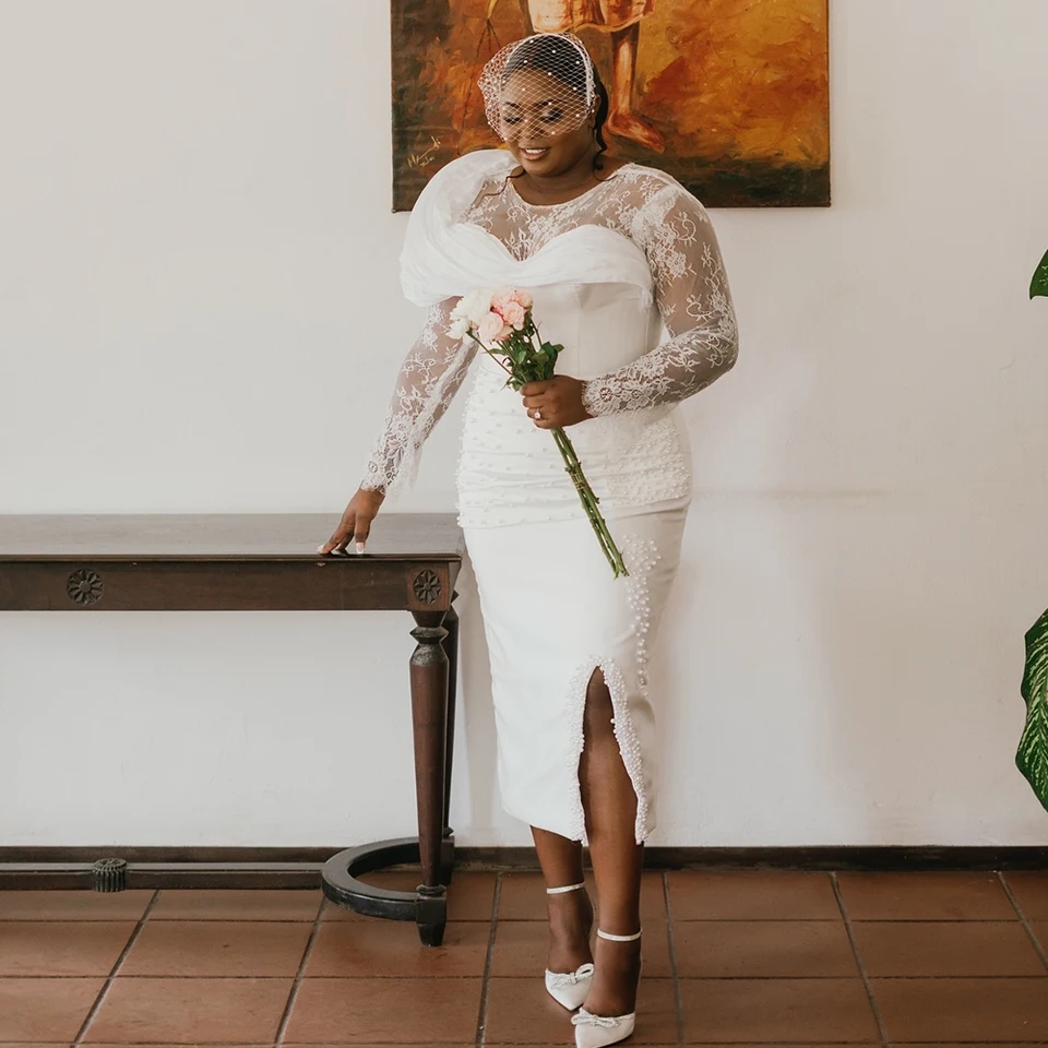 fishtail long sleeve lace wedding dress White V Neck Lace Flowers Long Sleeve Fishtail Wedding Vintage Dress –  Jolly Vintage