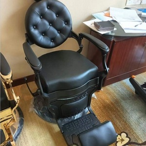 Antique Style Black Gold Tufted Leather Barber Shop Styling Shaving Chair Hydraulic Pump Round Base Hairdressing Chair for Sale - Product Image 3