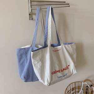 <b>Canvas</b> Tote <b>Bag</b> White Blue Reversible Embroidered Letter Design <b>Large</b> Capacity Everyday Use Women's Shoulder <b>Bag</b> - Product Image 1