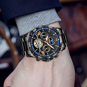 PINDU Business Sports Men's Automatic <b>Mechanical</b> <b>Watch</b> Moon Phase Tourbillon Chronograph Stainless Steel Strap - Product Image 3