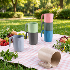 Tasse à bière en plastique empilable de couleur personnalisée en gros d'usine avec poignée composée de tasses à thé et soucoupes en paille de blé PP - Product Image 1