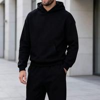 Produsen Setelan Olahraga Kasual Musim Dingin Bahan Fleece Tebal Polos Warna Hitam Dicuci, Setelan Hoodie dan Celana Panjang