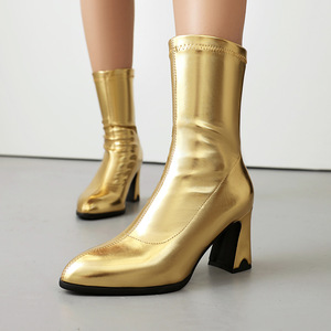 Bottines à talon épais et bout pointu en cuir verni métallisé doré, élastiques et faciles à enfiler, pour femme, idéales pour les soirées et la scène - Xinzirain - Product Image 1