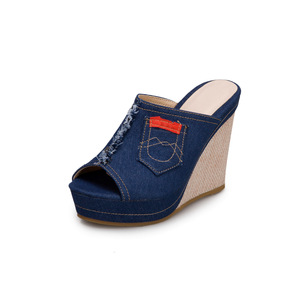 Fashionable Korean Style Denim Women's Slippers <strong>With</strong> <strong>Wedge</strong> Heel Summer Outwear Shoes New <strong>Platform</strong> Design for Foreign Trade - Product Image 5
