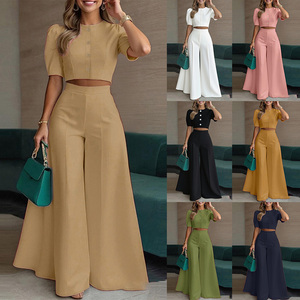 Ensemble pantalon deux pièces uni pour femme, haut court à manches bouffantes et pantalon large taille haute, vente en gros, commande mixte pour boutiques - Product Image 2