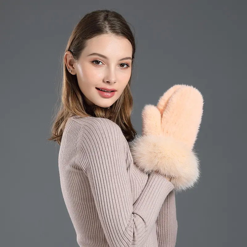 女性のための高品質のニット本物のミンクの毛皮の手袋指の手袋キツネの毛皮のトリムマルチカラー屋外の暖かい手袋