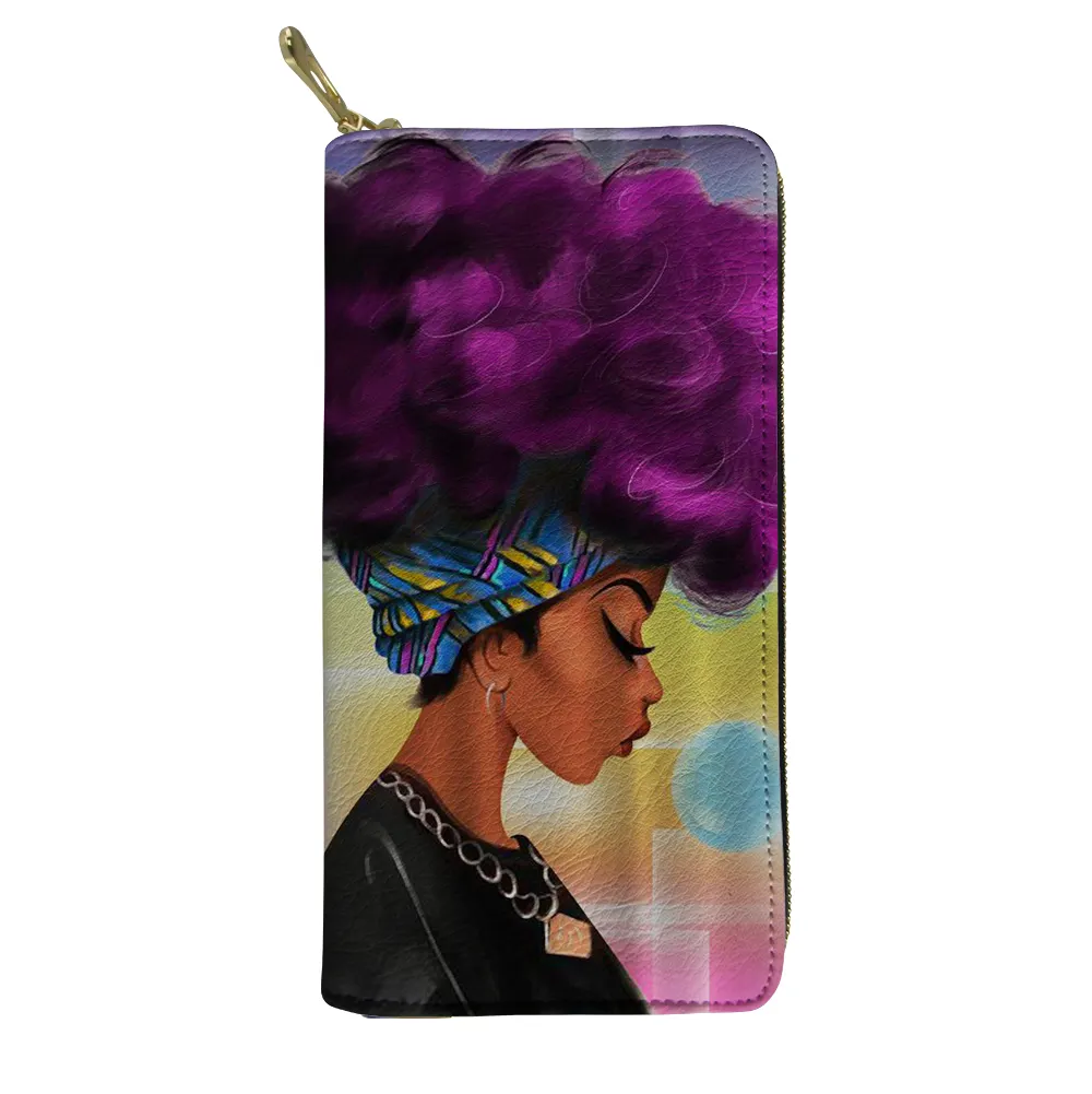 Siyah Afro kız desen tasarımcısı kart para cüzdan PU deri bayan PU uzun çanta cüzdan