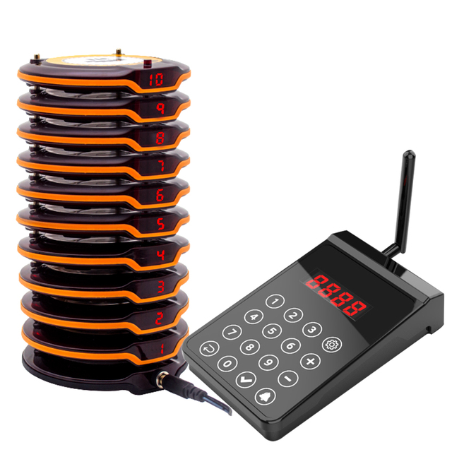 CATEL Wireless Paging System Coaster Pager Wireless Calling Table Buzzer for Restaurant Guests 10 Pagers 1 Keyboard Transmitter