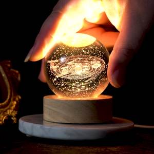 Lampe de nuit en cristal et bois LED USB, cadeau de festival, mariage, Pâques, lampe de cristal de galaxie, lampe de planète lune 3D, décoration de la maison - Product Image 2