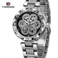 Jam Tangan Mekanik Forsinning Hot Selling Flower Full Diamond Luxury Metal untuk Wanita dengan Desain Skeleton Transparan