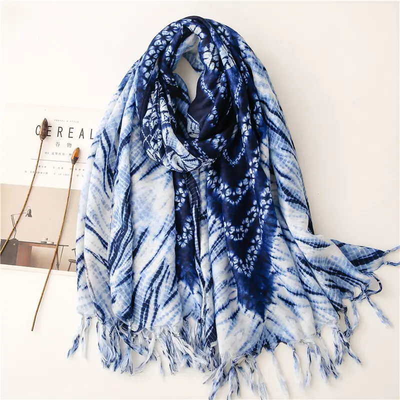 Wholesale ladies ethnic style tie-dyeing hijab scarf large size blue and white porcelain cotton and linen fashion muslim shawls