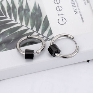 Hoop Earrings <b>Titanium</b> Steel Geometric Black Cube Simple Design For Women Fashion Jewelry - Product Image 1