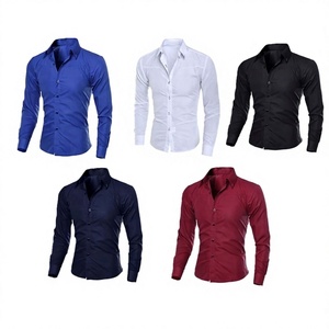 Chemises habillées formelles pour hommes, couleur unie, manches longues, col rabattu, tissu popeline, pour l'automne - Product Image 1