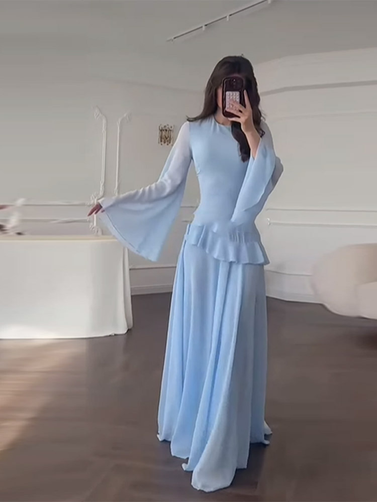 R-429 Modest Women's Elegant Flare Sleeve Long Ruffled Dress
