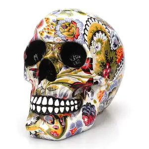 Halloween Decor High Quality Flower Print Skull Ornament Creative Water Transfer Printing Resin Halloween Skulls Decorations