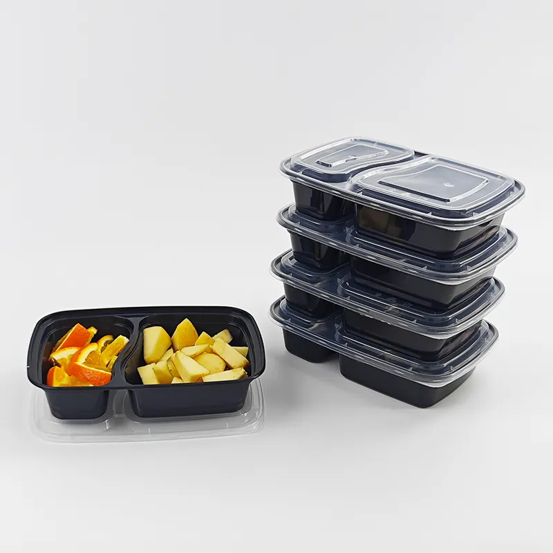 맞춤형 1000ml/34oz 일회용 PP 2 칸 식사 준비 용기 플라스틱 파티 행사 음식 과일 점심 포장 상자