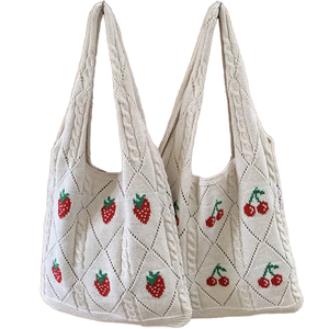 Nouveau Sac Fourre-tout Chic en Tricot et Crochet pour Femme, Couleur Unie, Motif Fraise Cerise, à Bandoulière Unique, Fermeture Ouverte, Collection Automne - Product Image 1