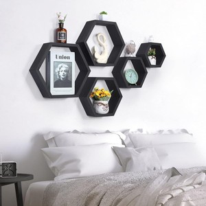 Set Of 6 Hexagon <strong>Floating</strong> <strong>Shelves</strong> Wall Mounted Honeycomb Design For Kitchen Home Decor In Wood Metal Plastic Material - Product Image 3