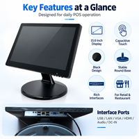 Écran tactile POS noir de 15,6 pouces avec base ronde, affichage de caisse de bureau pour la vente au détail, les restaurants, les épiceries, les caisses de paiement