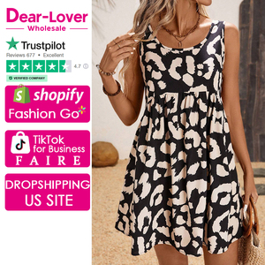 Dear-Lover Western Ropa Mujer Estampado de leopardo Cuello en U Sin mangas Cintura alta Tanque Mini vestido - Product Image 1