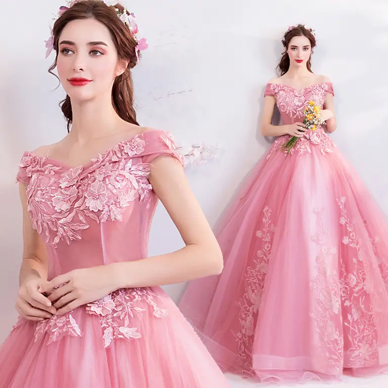 91805 गर्मियों वधू नाव गर्दन गुलाबी मंजिल लंबाई फीता शादी की पोशाक