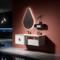 Mueble de Baño Flotante de Diseño con Espejo LED en Forma de Gota de Agua, Antivaho y Gabinete de Almacenamiento que Ahorra Espacio
