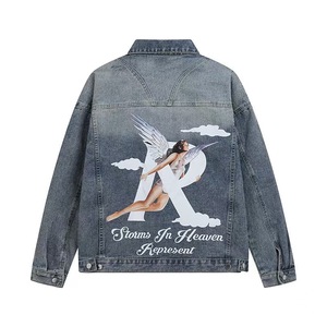 Unisex Vintage Distressed Denim Jacket with Stand Collar Dark Dyed Wash Loose Fit Hooded Front Logo for Winter - Product Image 2