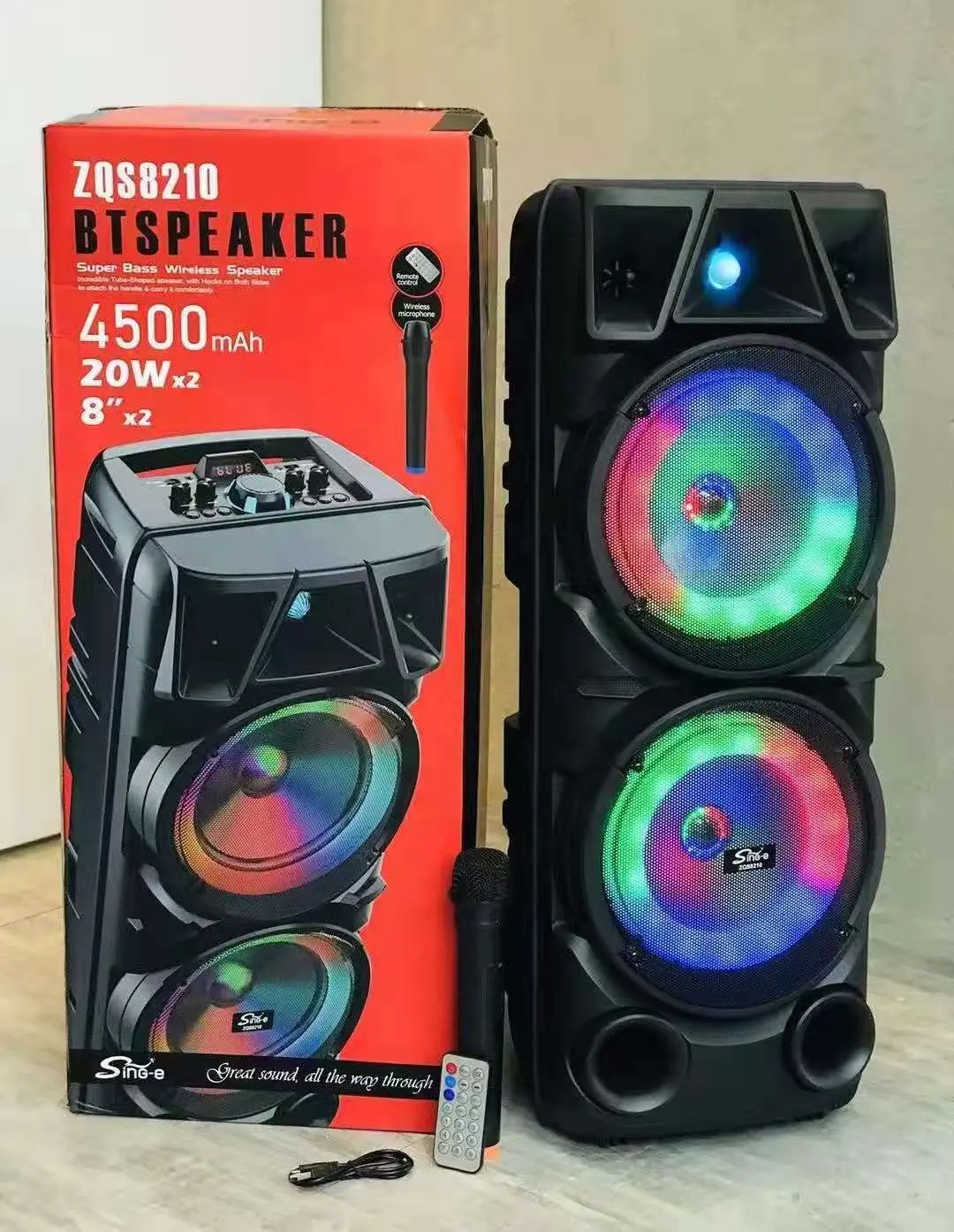 ZQS8210 Rechargeable Wireless Double 8 Inch Bt Popular Music Sound System Portable Karaoke Speaker