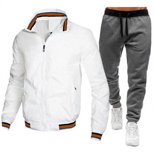 Ensemble survêtement homme GURUNA-Z-INDUSTRY : veste de survêtement blanche et pantalon de survêtement gris, couleur unie, manches longues, taille élastique, respirant - Product Image 1