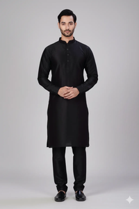 <b>Men</b> Black Solid Dupion Silk Straight <b>Kurta</b> with <b>Pajamas</b> Traditional Ethnic Wear for Festive Occasions and Celebrations - Product Image 4