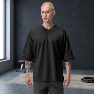 Maillot de basket-ball en mesh noir à col en V pour homme, manches trois quarts, respirant, coupe ample, vêtements de sport pour toutes les saisons - Product Image 3
