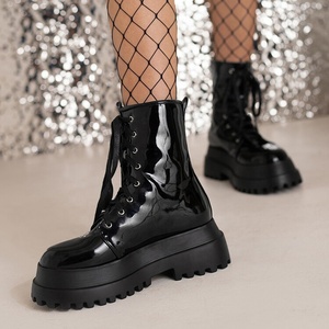 Bright Patent Thick Soles Flat Women's Short <b>Boots</b> High <b>Platform</b> Flats With Ankle Booties Metallic Leather Lace up Shoes - Product Image 3